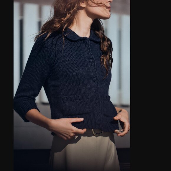 NWT ZARA KNIT CARDIGAN WITH ELBOW-LENGTH SLEEVES NAVY BLUE - Picture 1 of 6